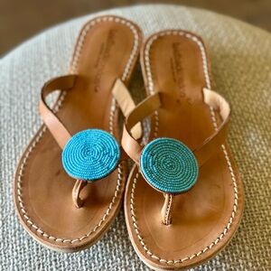 Leather Sandals with Beaded Turquoise. Laidback London stunning style! EUC.